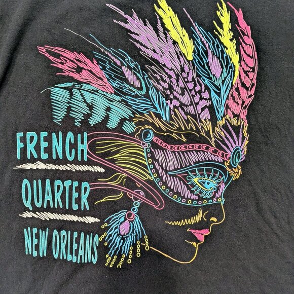 VTG 90s French Quarter New Orleans T-Shirt XL Black Neon Masquerade Lady Retro - Picture 2 of 5